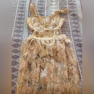 Elegant Gold and Cream Lace 2-Piece Maxi Dress